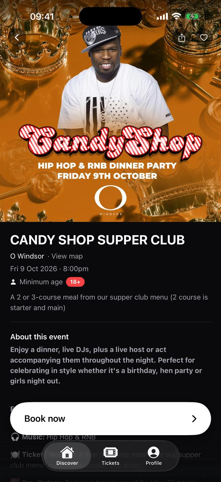 A guest booking two tickets in the Covered app, from the event page to booking confirmed